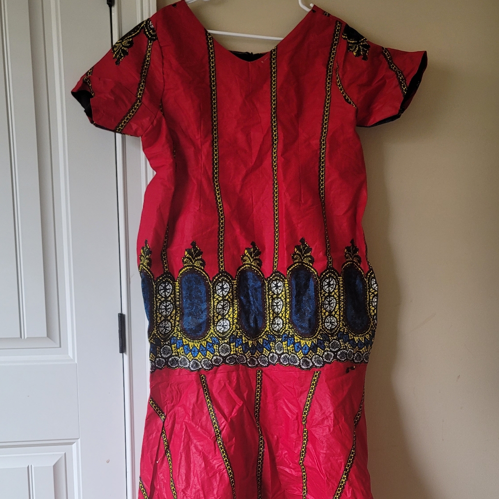 African Waxed Print Red Black Yellow Blue White Short Sleeve Mermaid Dress.